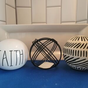 3 Decorative Spheres/Orbs/Balls Set in Black & White w/White Ceramic Disply Tray